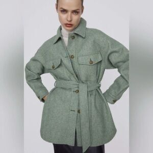 Zara belted over shirt pistachio green color fleece size XS